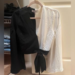 Black and white tie waist shirt with balloon sleeves